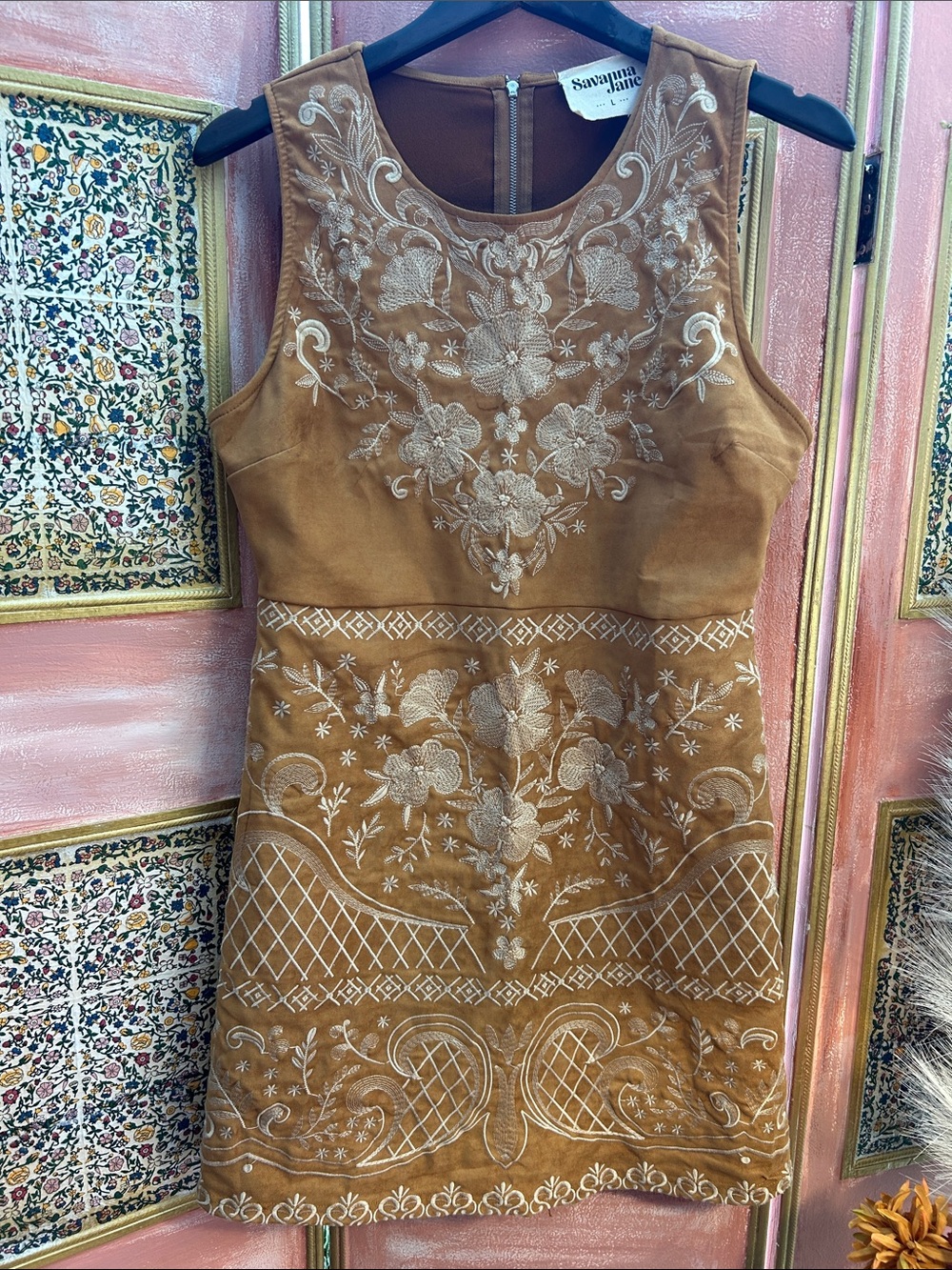 Savanna Jane Tan Embroidered Sleeveless Dress